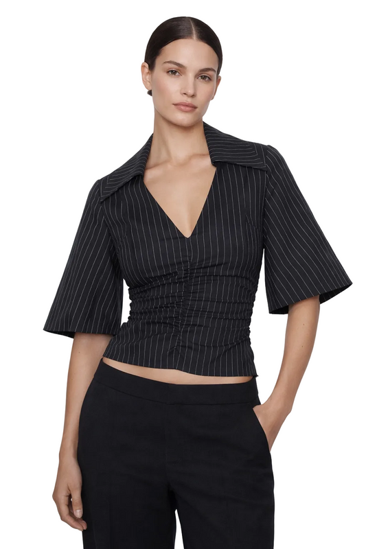 Black pinstripe ruched blouse