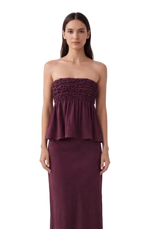 Burgundy strapless top and skirt set