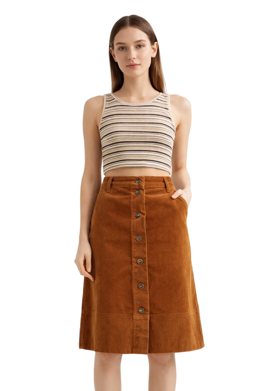 Camel corduroy button-front skirt