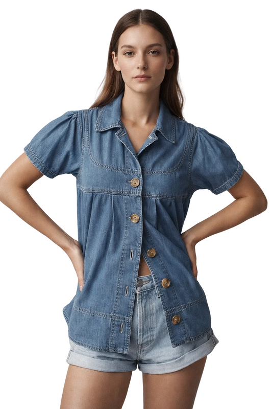 Denim short sleeve button-front blouse