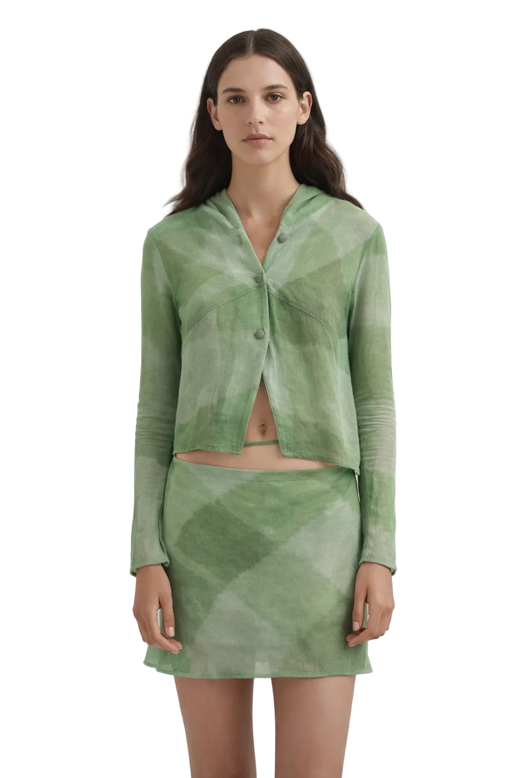 Green sheer cardigan and mini skirt set