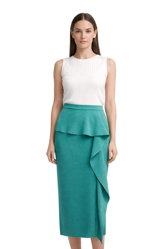 Teal wrap midi skirt with ruffle detail