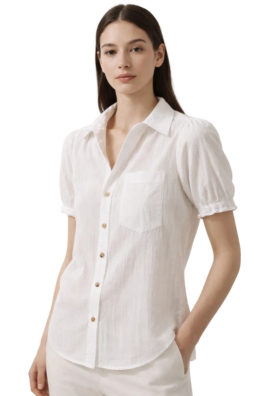 White short sleeve button-front blouse