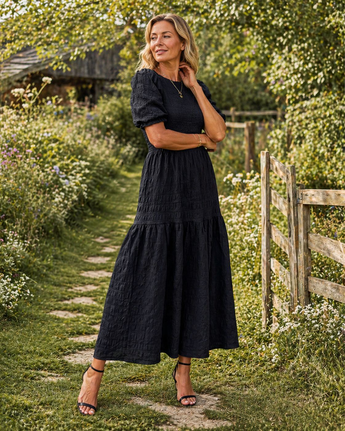 Women's A-Line Maxi Dress with Puff Sleeves