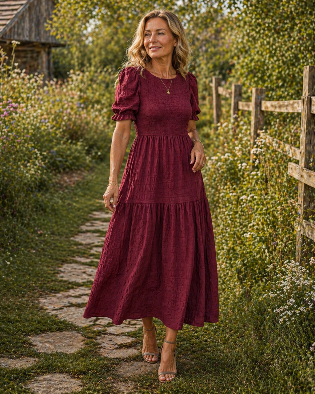 Women's A-Line Maxi Dress with Puff Sleeves