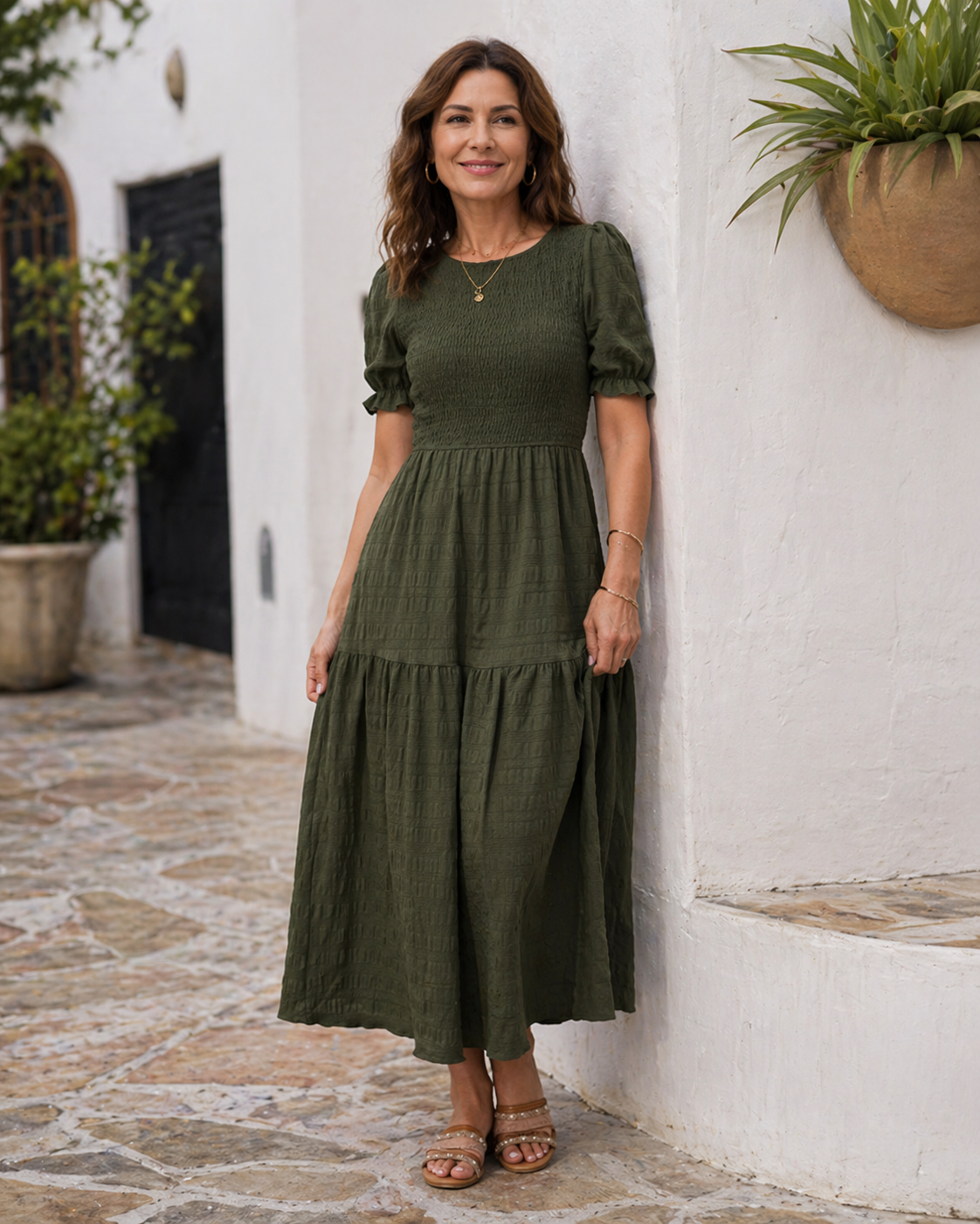 Women's A-Line Maxi Dress with Puff Sleeves