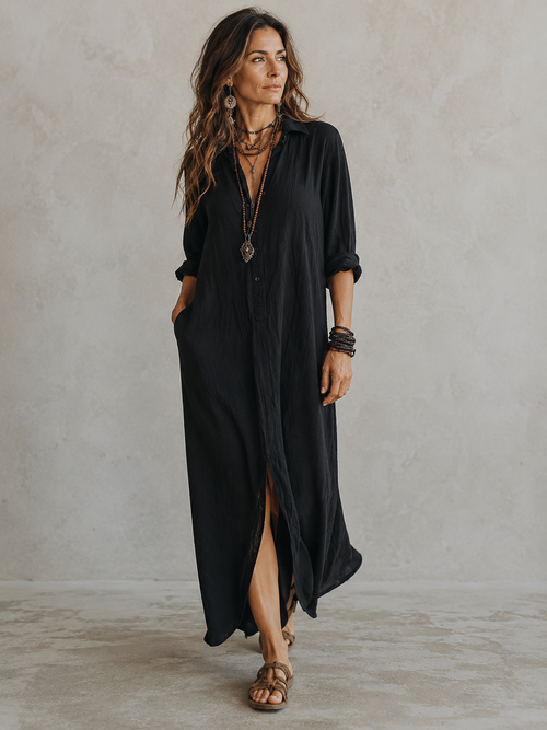 Women's A-Line Midi Dress with Deep V-Neck and Slit