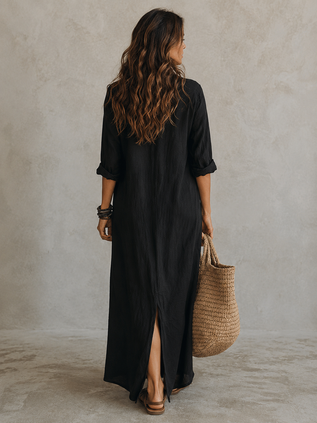 Women's A-Line Midi Dress with Deep V-Neck and Slit