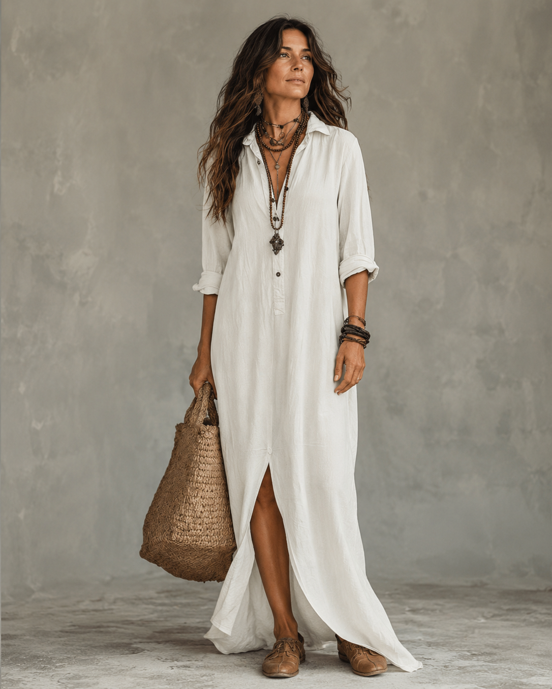 Women's A-Line Midi Dress with Deep V-Neck and Slit