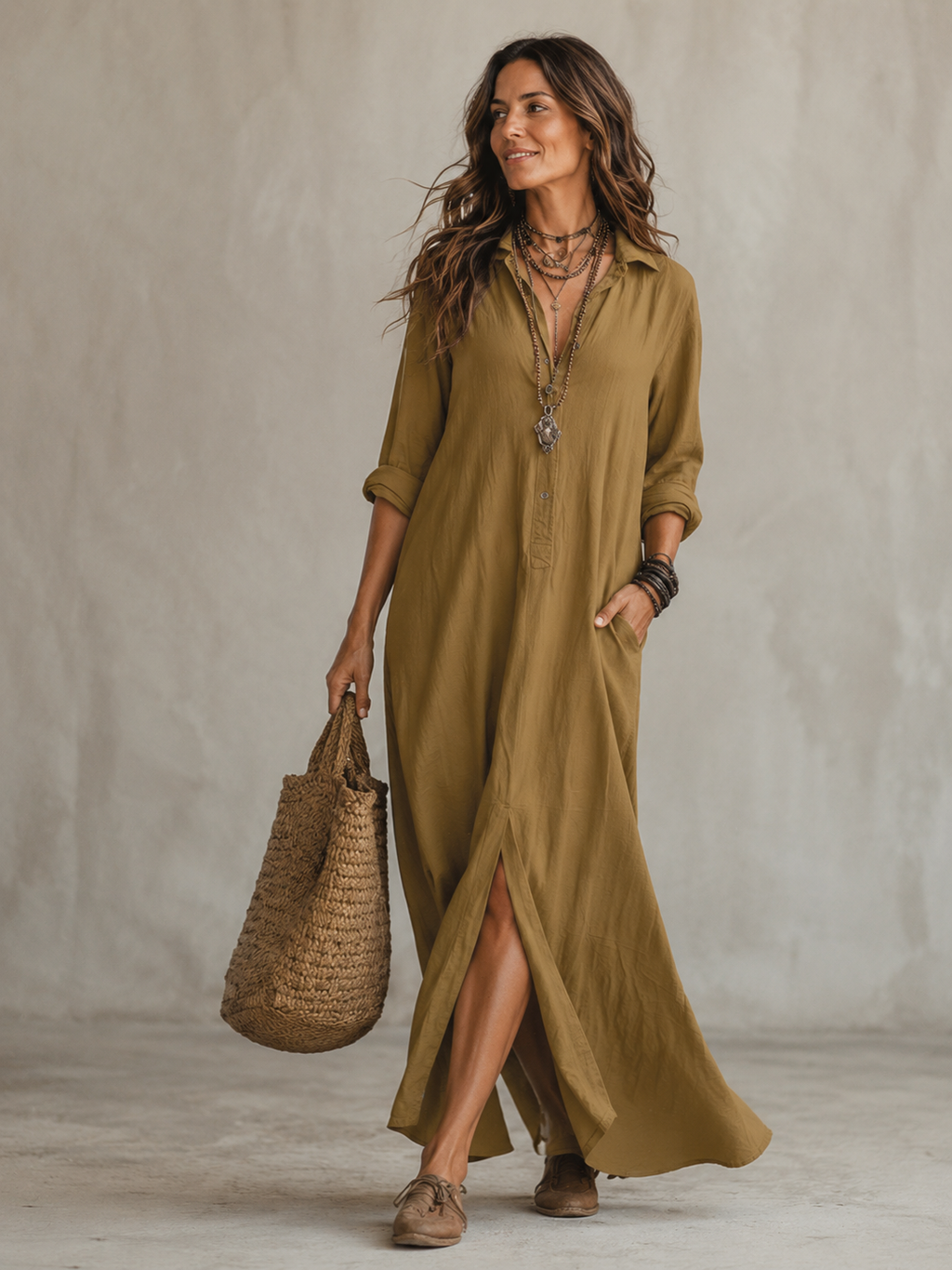 Women's A-Line Midi Dress with Deep V-Neck and Slit