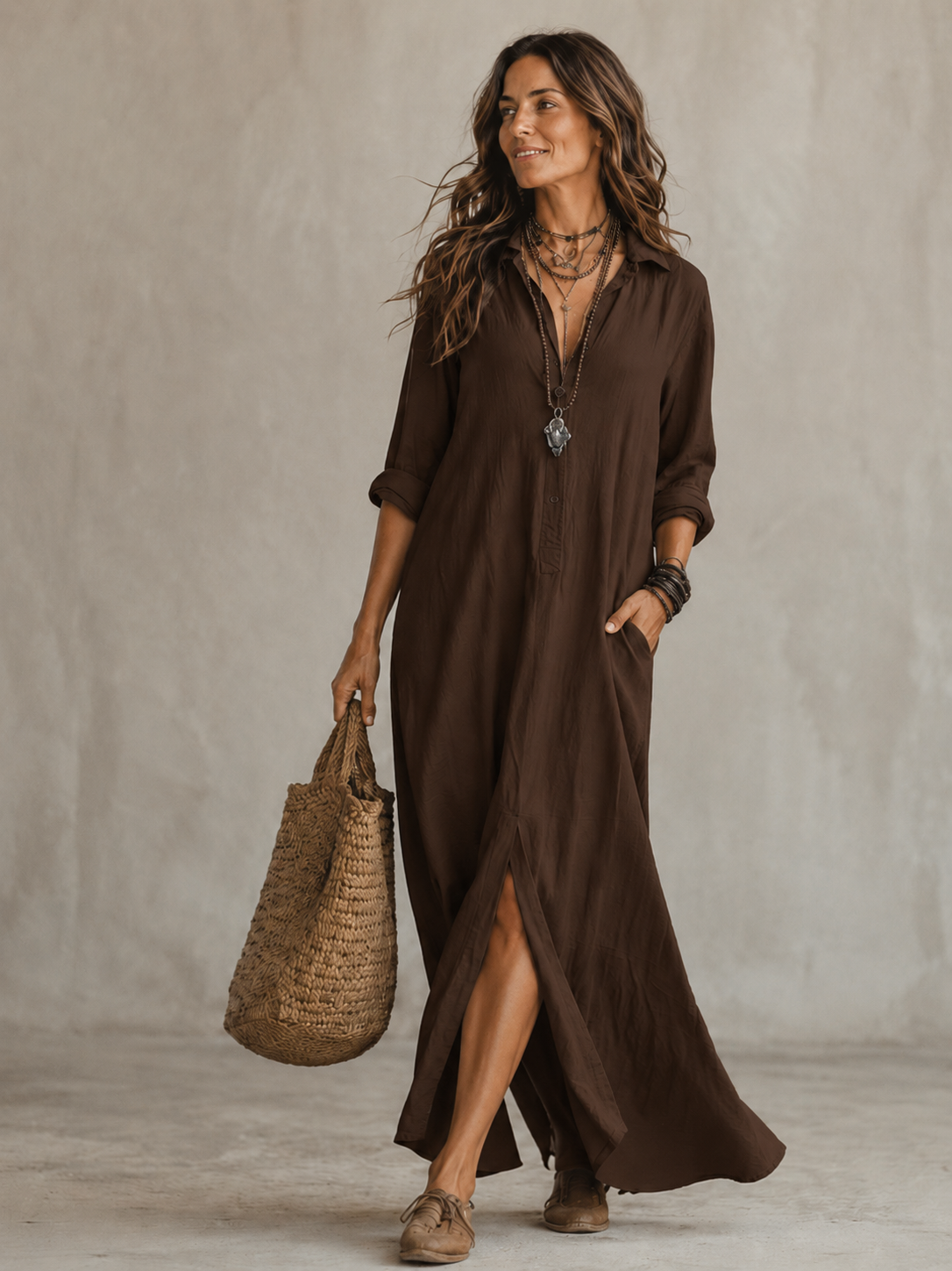 Women's A-Line Midi Dress with Deep V-Neck and Slit