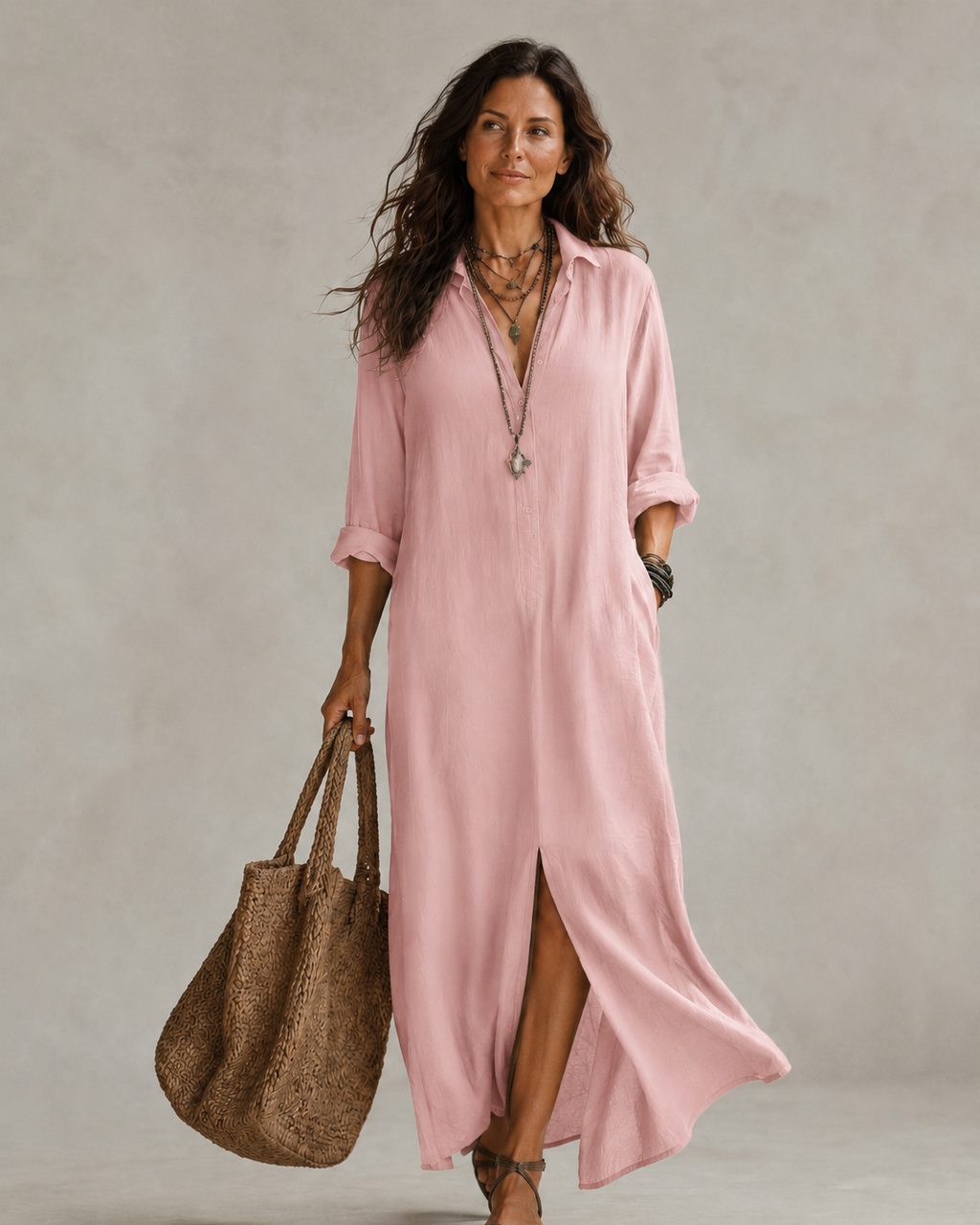 Women's A-Line Midi Dress with Deep V-Neck and Slit