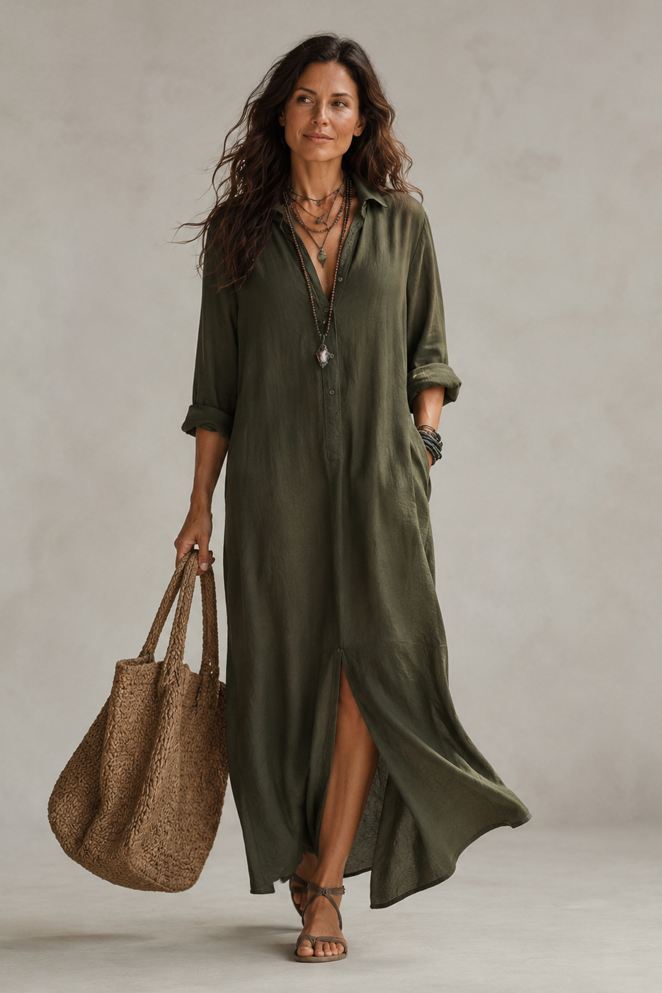 Women's A-Line Midi Dress with Deep V-Neck and Slit