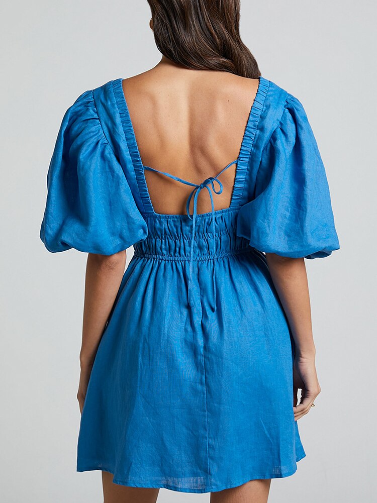 Women's A-Line Mini Dress with Puff Sleeves