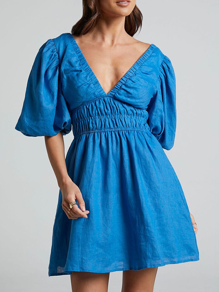 Women's A-Line Mini Dress with Puff Sleeves