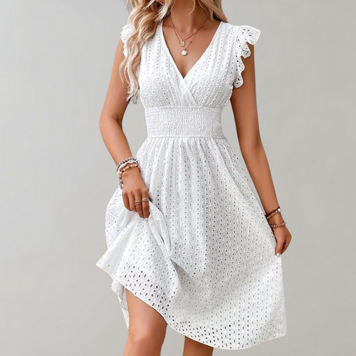 Women's Airy Midi Dress - Elegant V-Neck Short Sleeve Dress