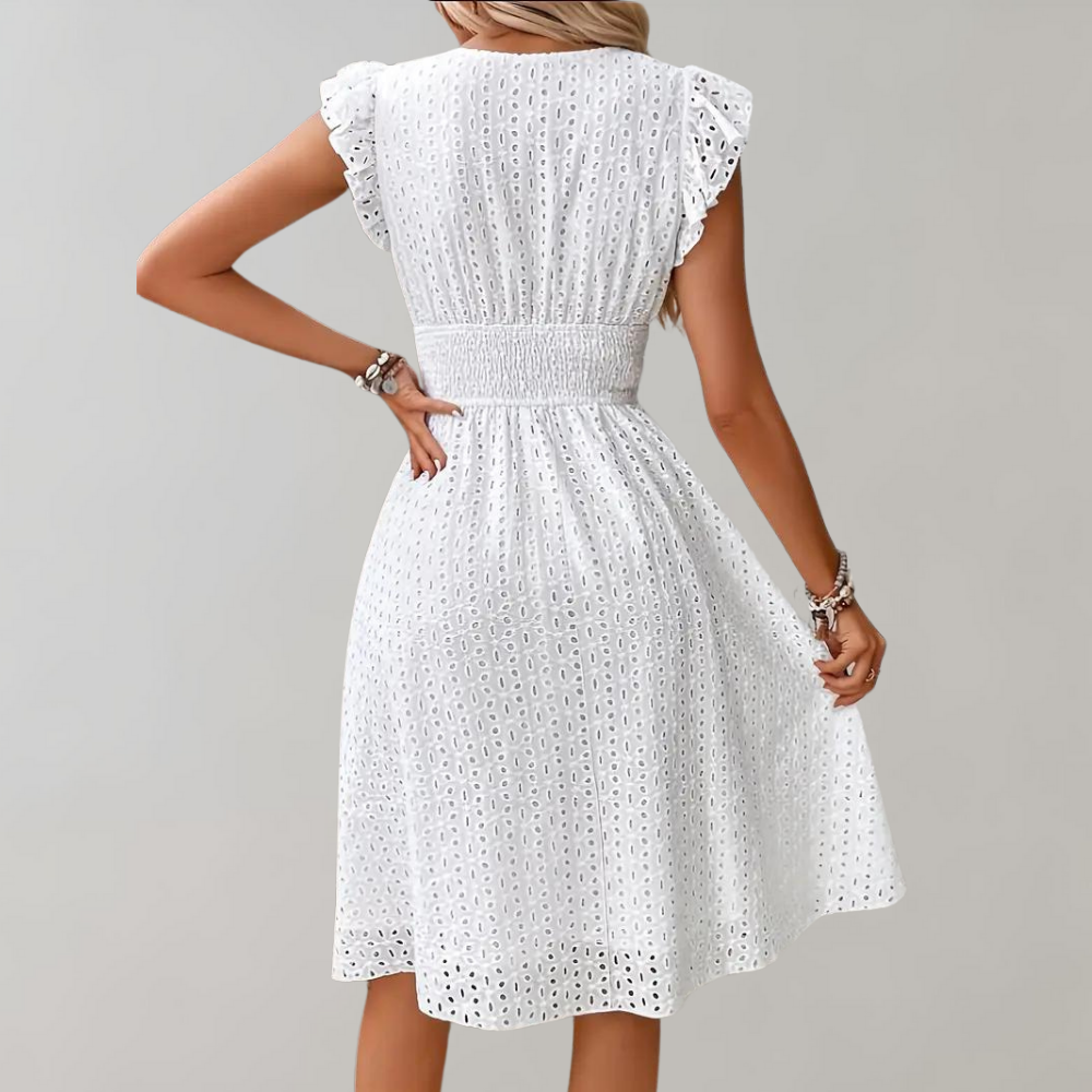 Women's Airy Midi Dress - Elegant V-Neck Short Sleeve Dress