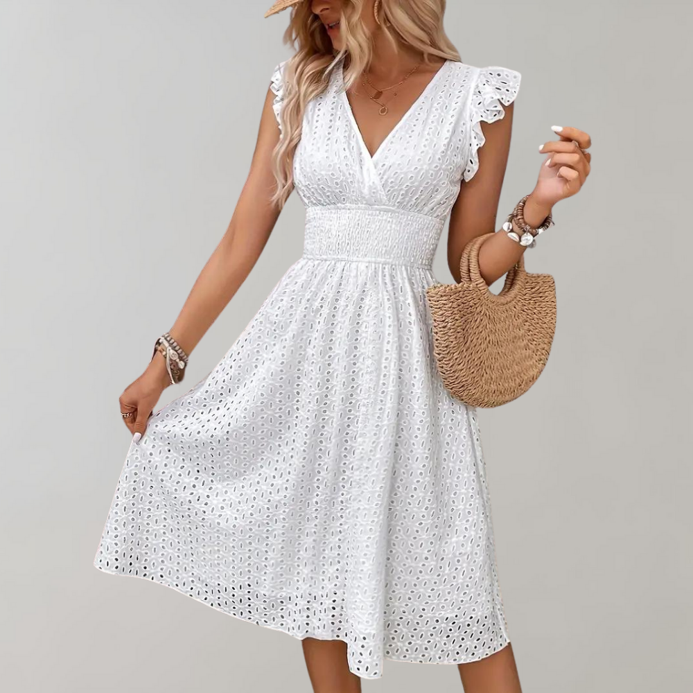 Women's Airy Midi Dress - Elegant V-Neck Short Sleeve Dress