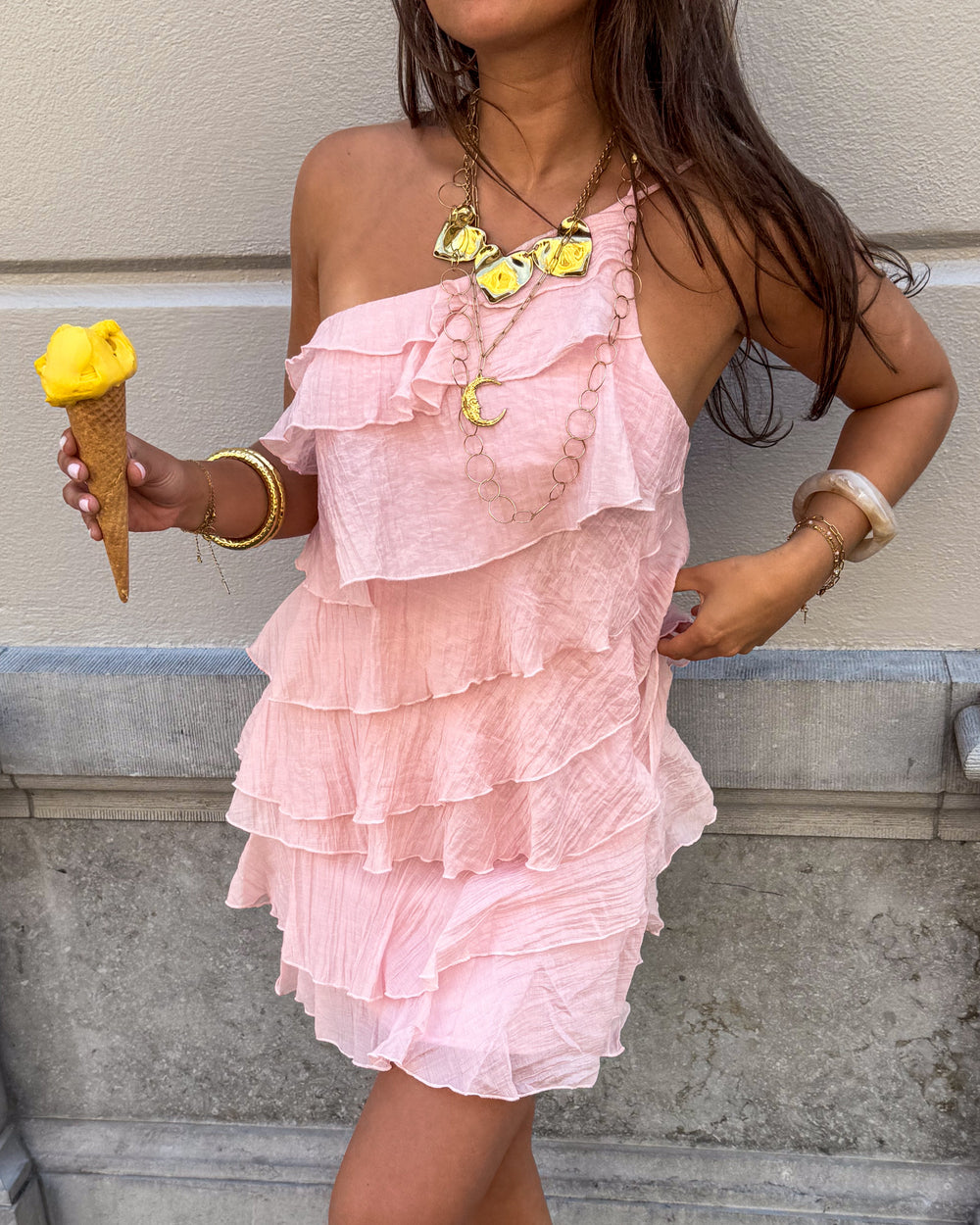 Women's Asymmetrical Mini Dress with Ruffles for Summer