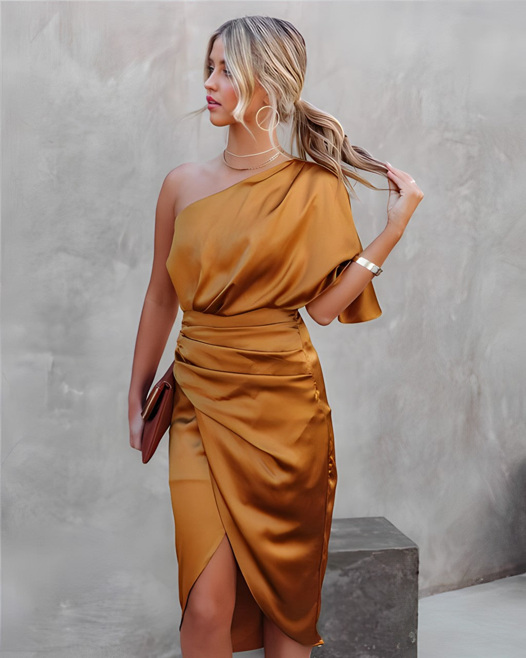 Women's Asymmetrical Sleeve Midi Dress for Formal Events