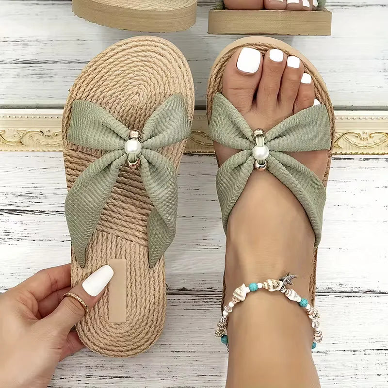 Women's Bohemian Flat Sandals with Bow and Beads