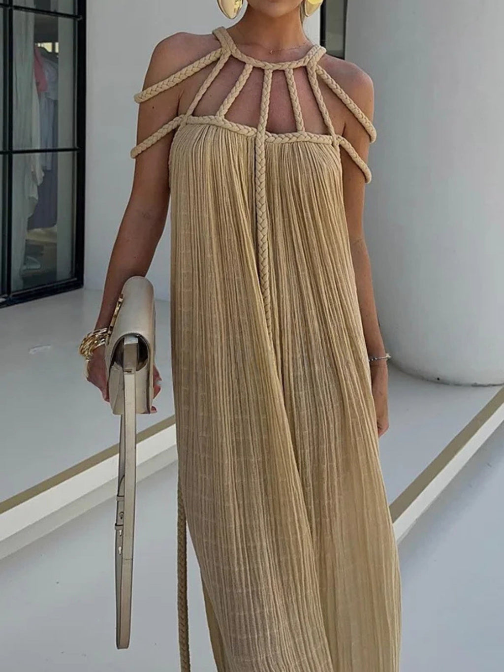 Women's Boho Maxi Dress with Braided Straps