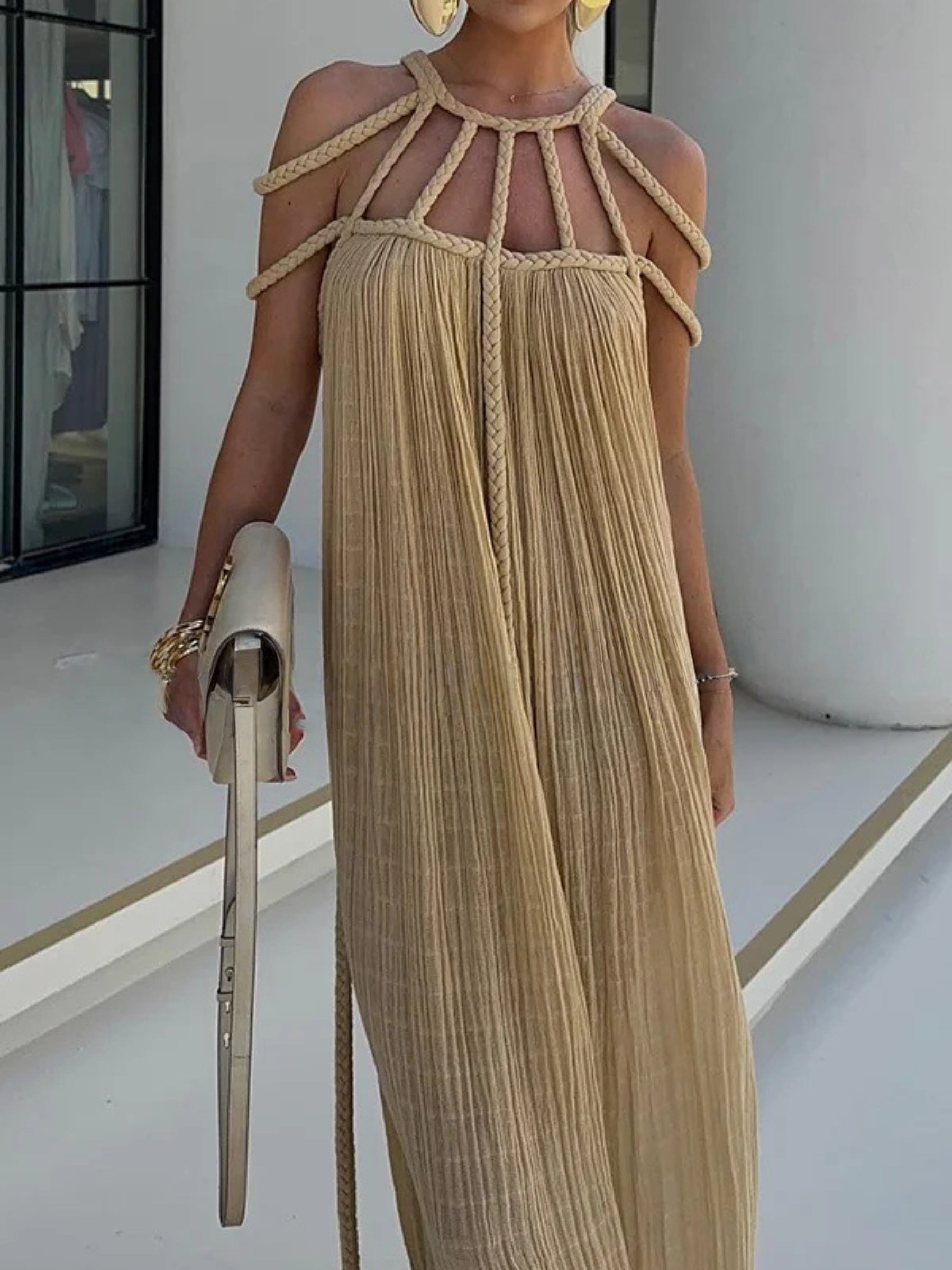 Women's Boho Maxi Dress with Braided Straps