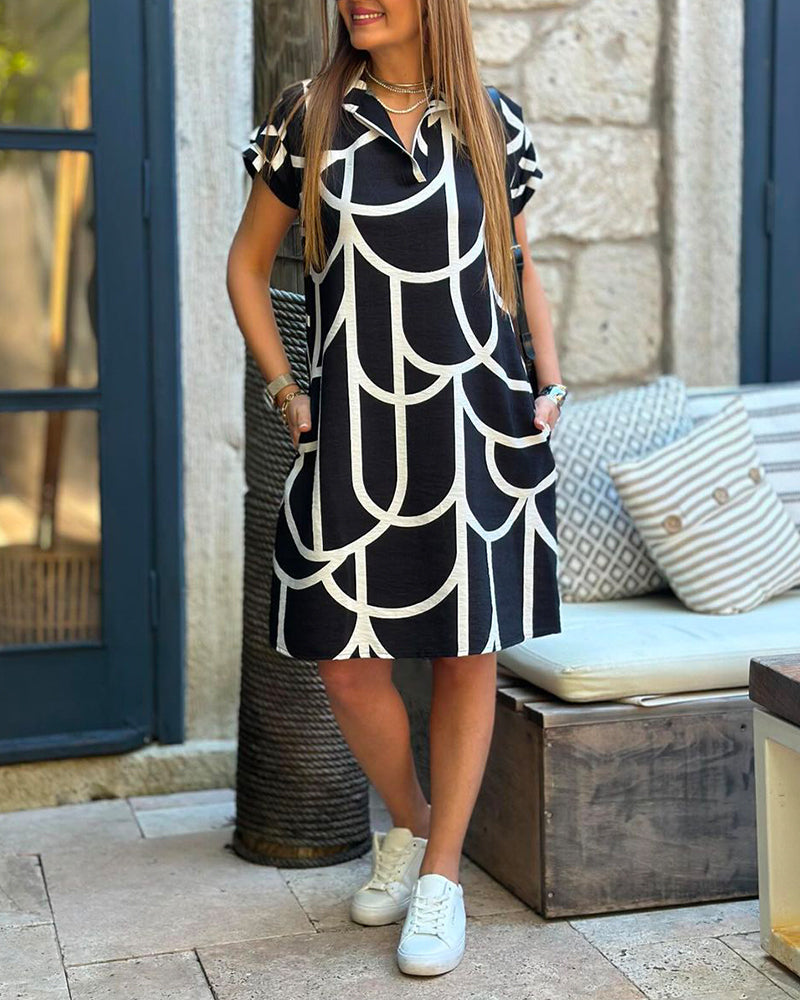 Women's Casual Midi Dress with V-Neck and Short Sleeves