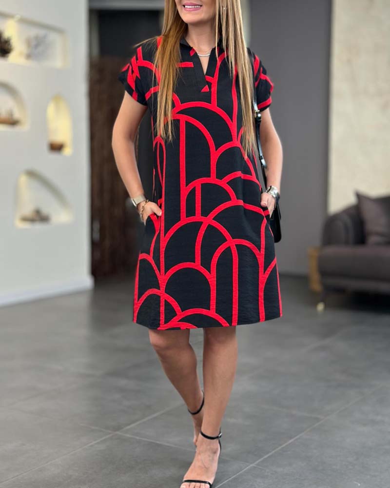Women's Casual Midi Dress with V-Neck and Short Sleeves