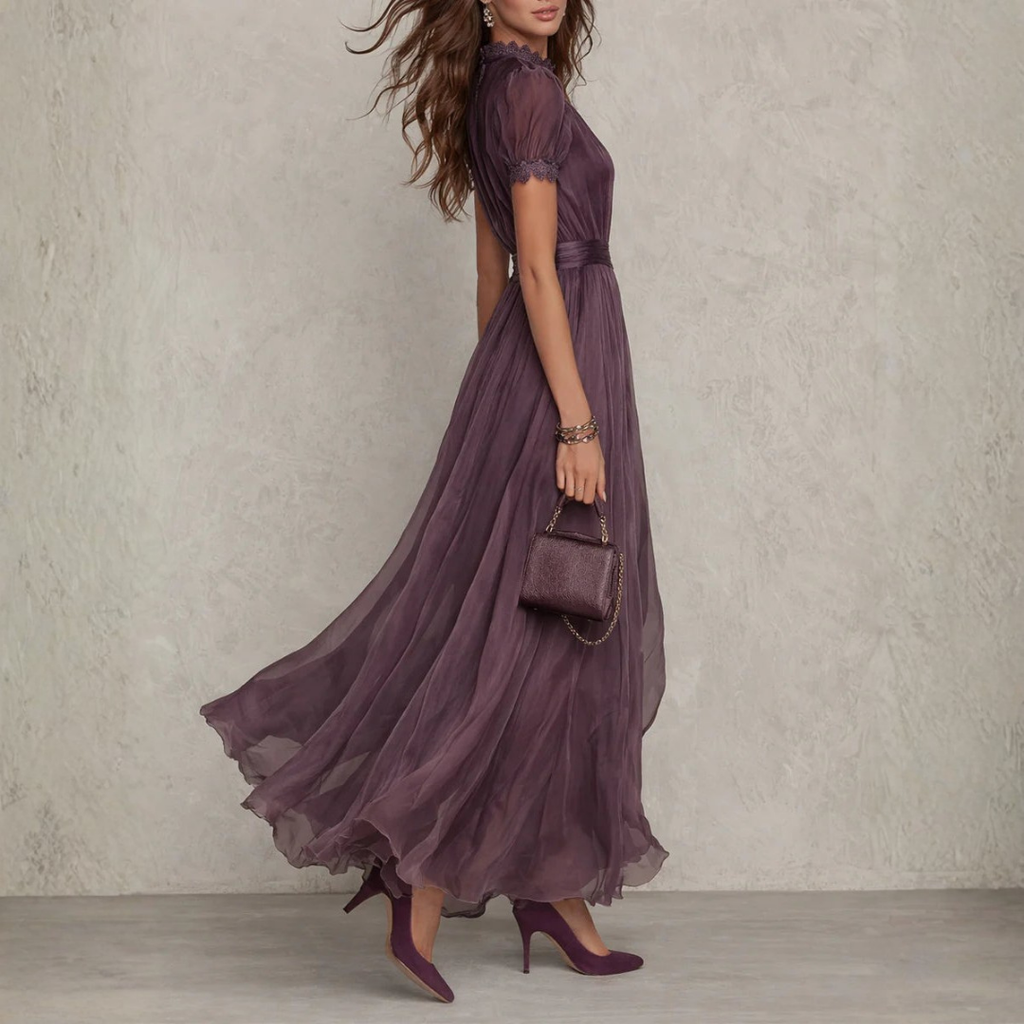 Women's Chiffon Maxi Dress with Lace Trim