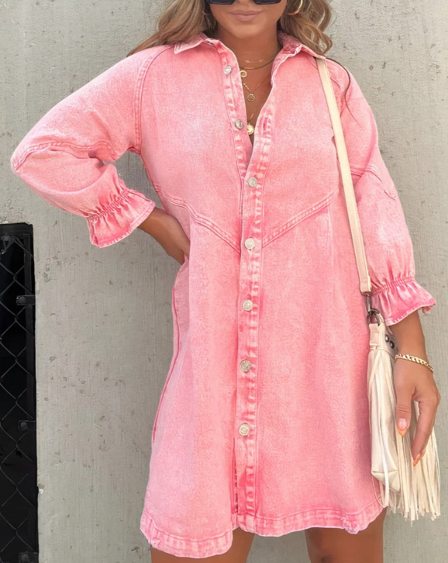 Women's Denim Mini Dress with Puff Sleeves