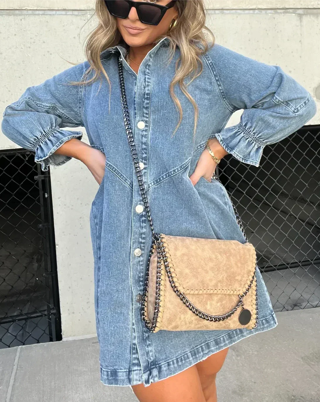 Women's Denim Mini Dress with Puff Sleeves