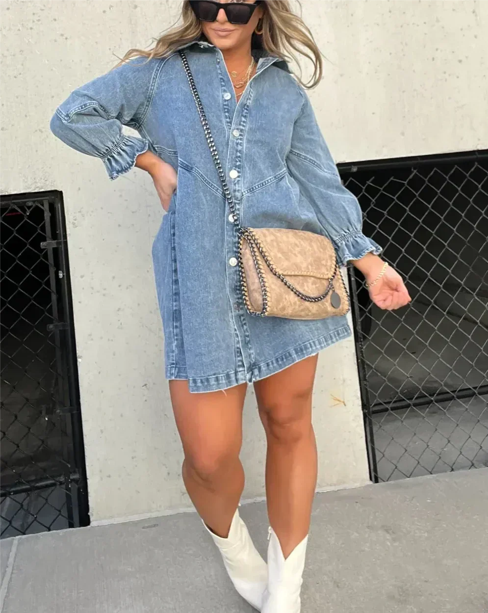 Women's Denim Mini Dress with Puff Sleeves