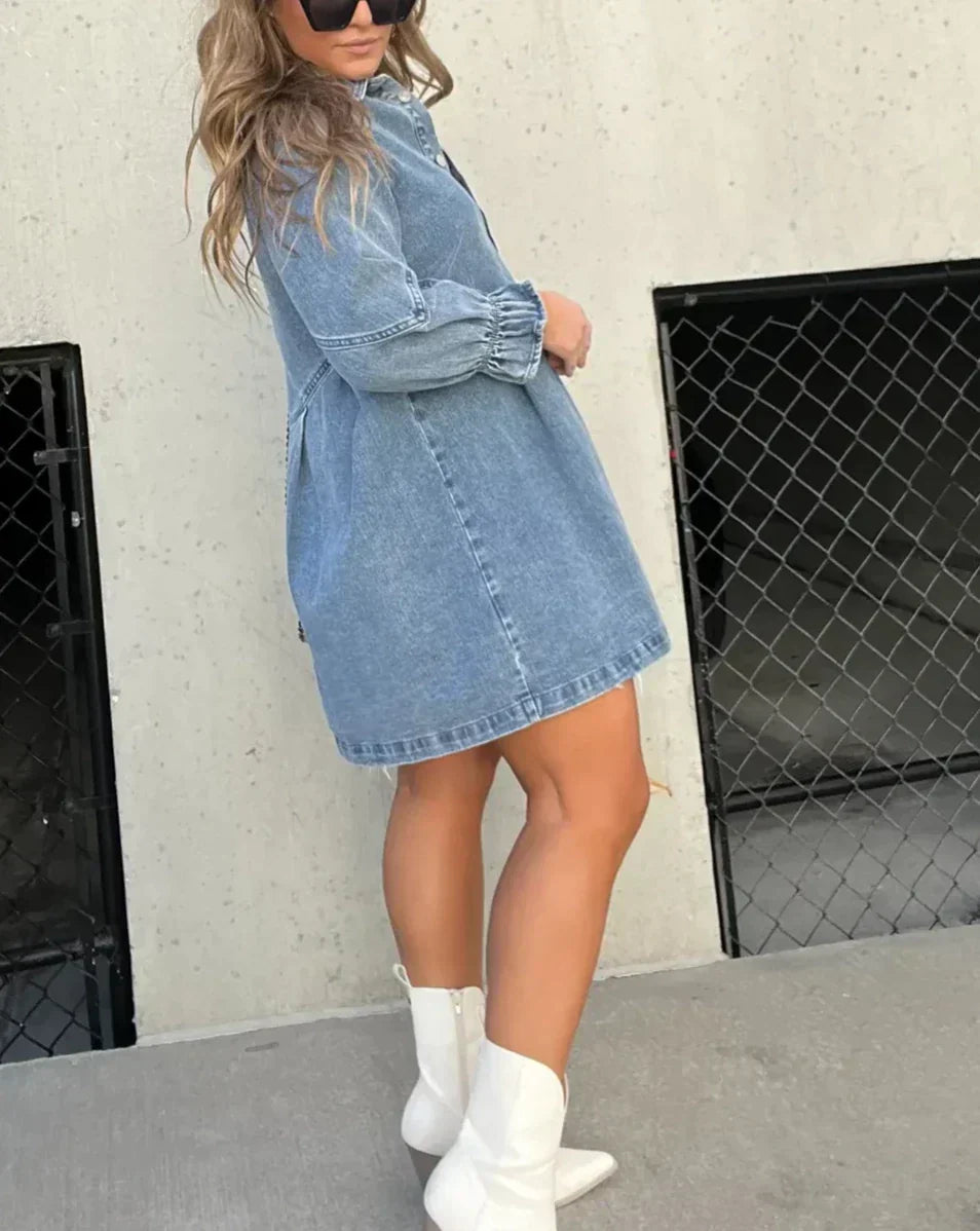 Women's Denim Mini Dress with Puff Sleeves