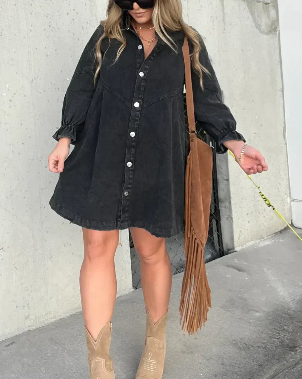 Women's Denim Mini Dress with Puff Sleeves