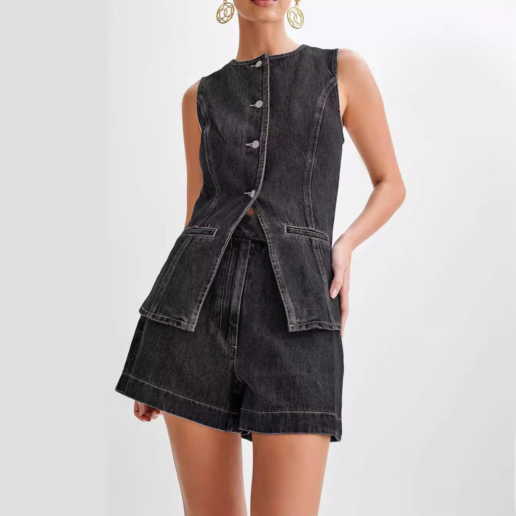 Women's Denim Vest and High-Waist Shorts Set