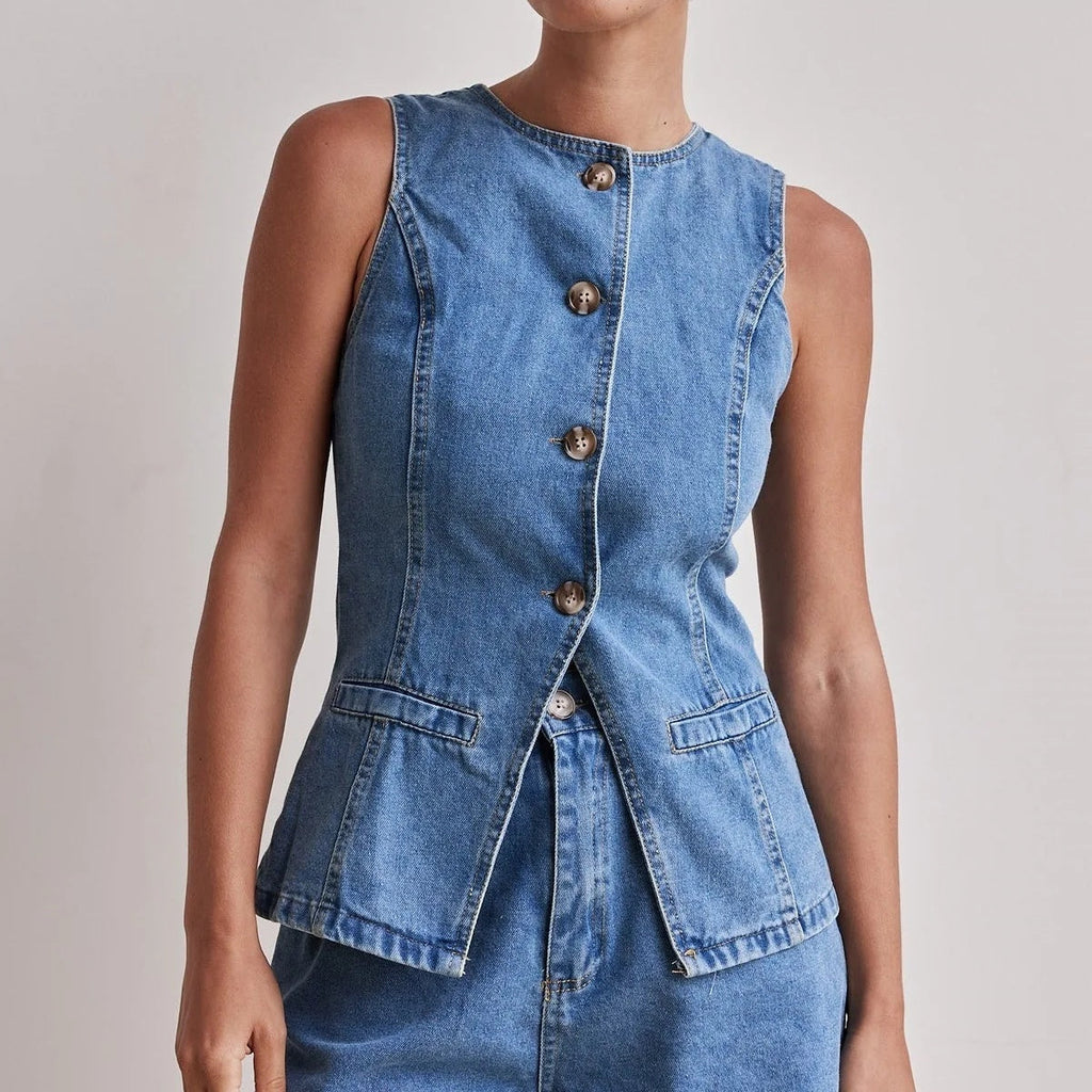 Women's Denim Vest and High-Waist Shorts Set