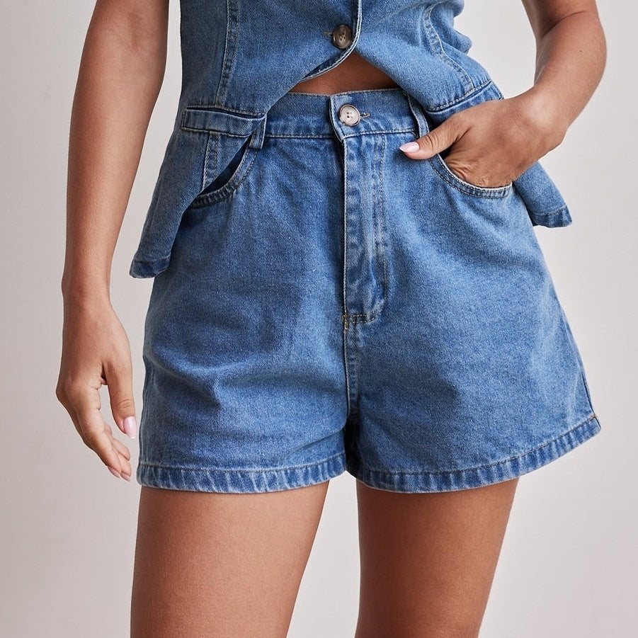 Women's Denim Vest and High-Waist Shorts Set