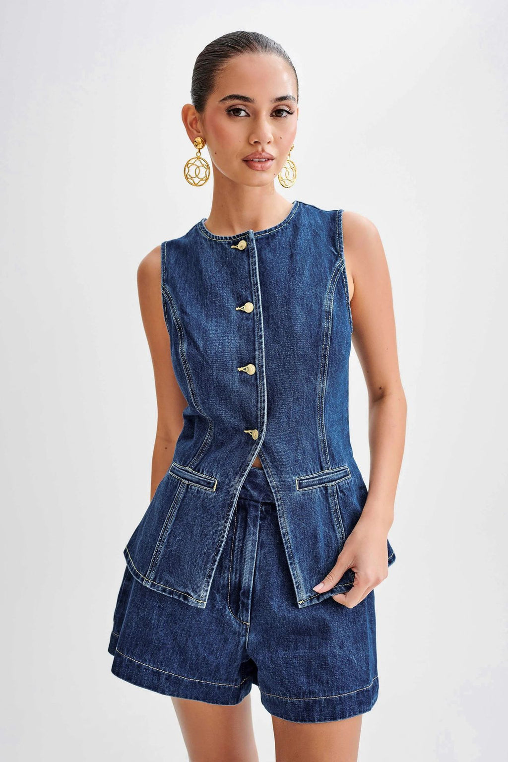 Women's Denim Vest and High-Waist Shorts Set