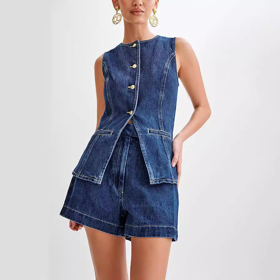 Women's Denim Vest and High-Waist Shorts Set