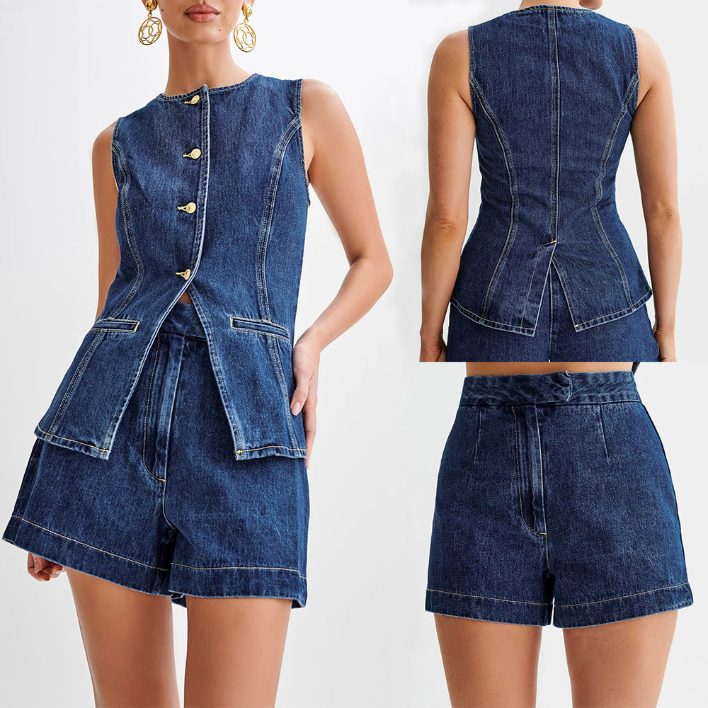 Women's Denim Vest and High-Waist Shorts Set