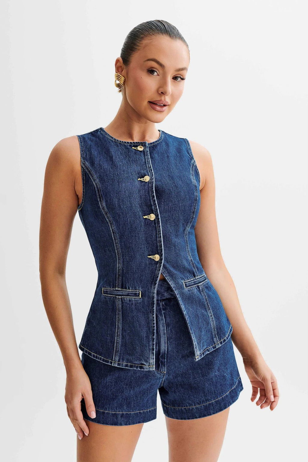 Women's Denim Vest and High-Waist Shorts Set