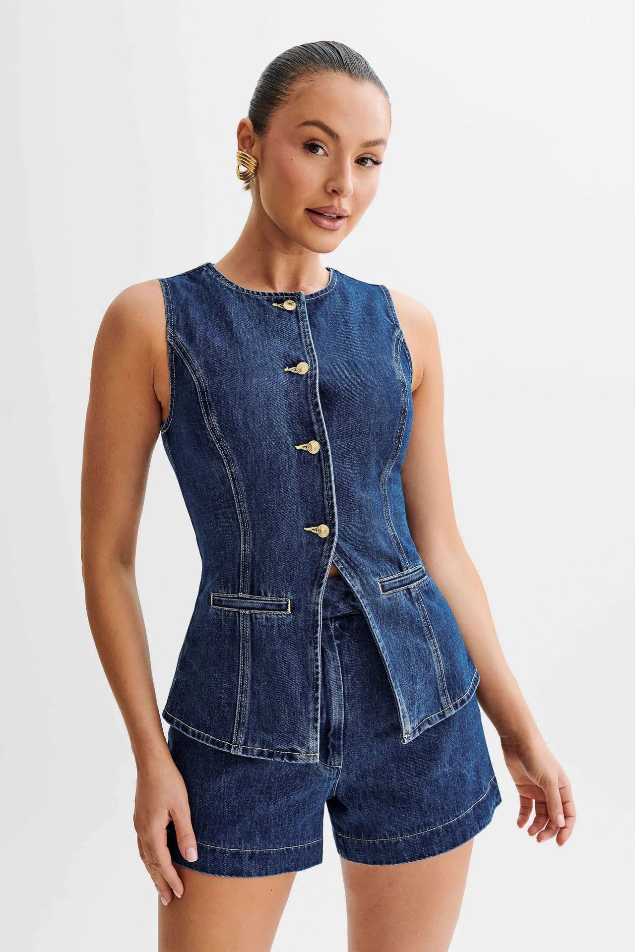 Women's Denim Vest and High-Waist Shorts Set