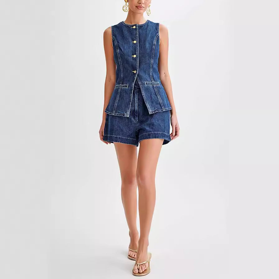 Women's Denim Vest and High-Waist Shorts Set
