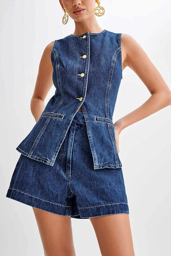 Women's Denim Vest and High-Waist Shorts Set