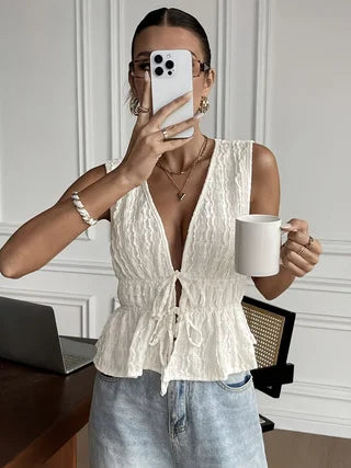 Women's Elegant V-Neck Ruffled Sleeveless Top