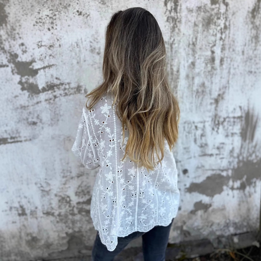 Women's Embroidered Hollow-Out Casual Blouse