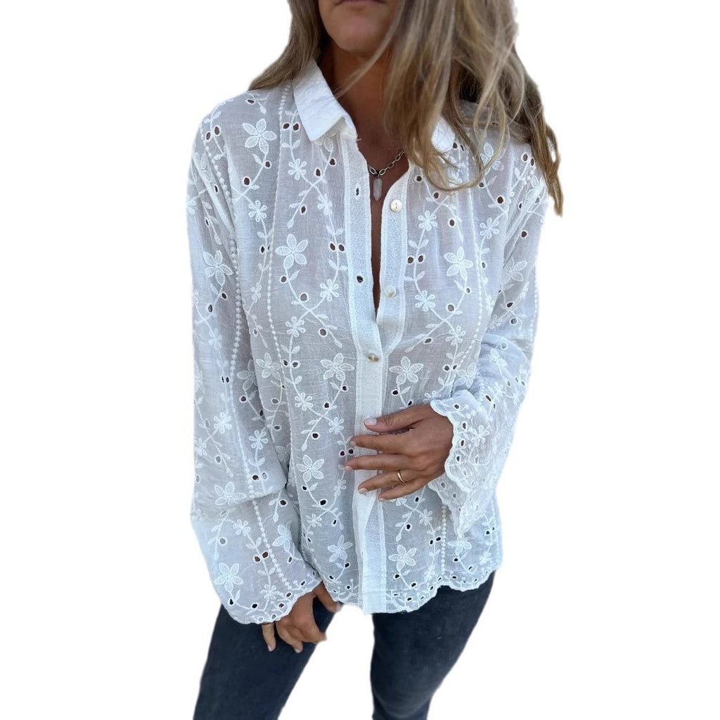 Women's Embroidered Hollow-Out Casual Blouse