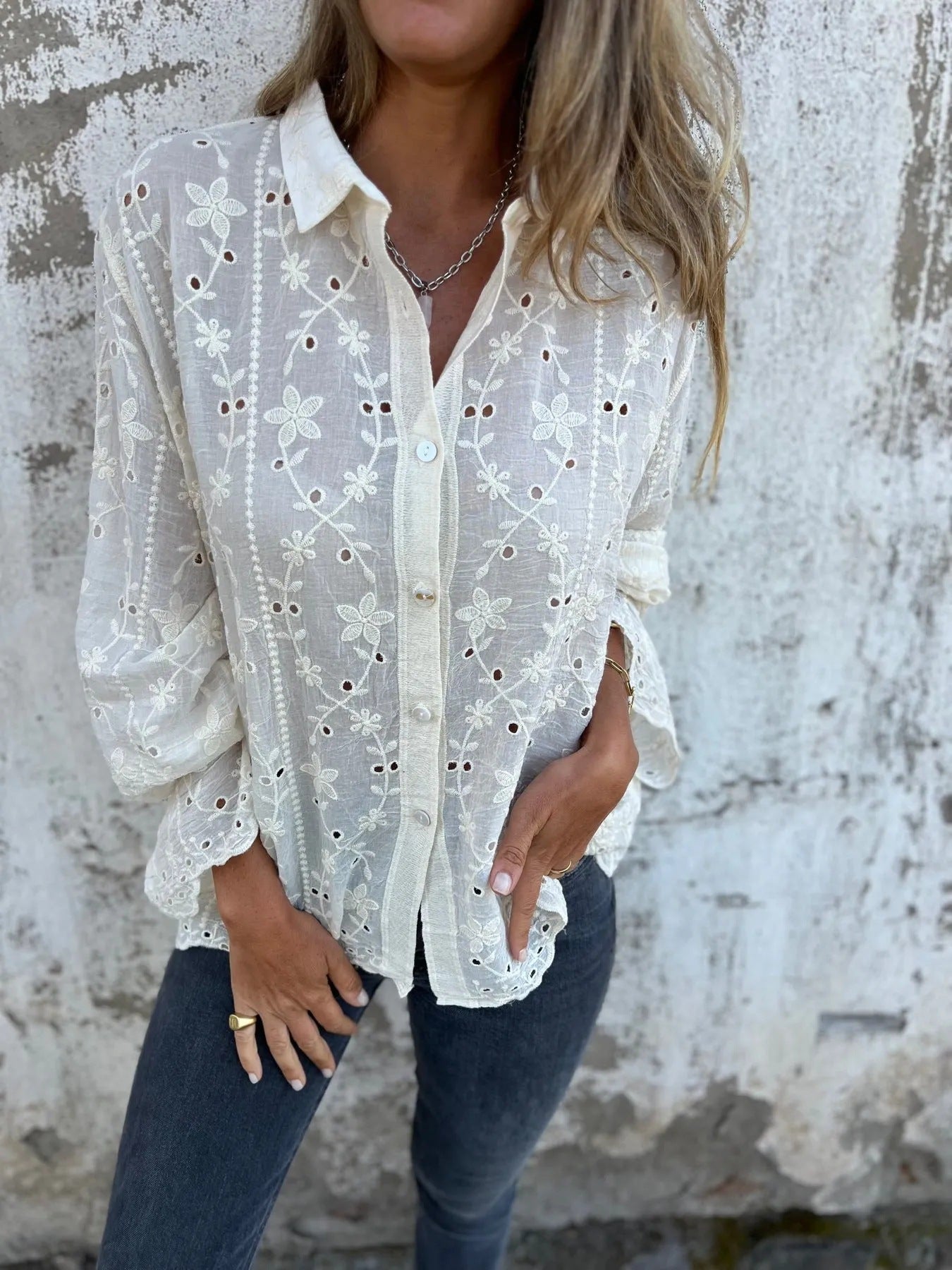 Women's Embroidered Hollow-Out Casual Blouse