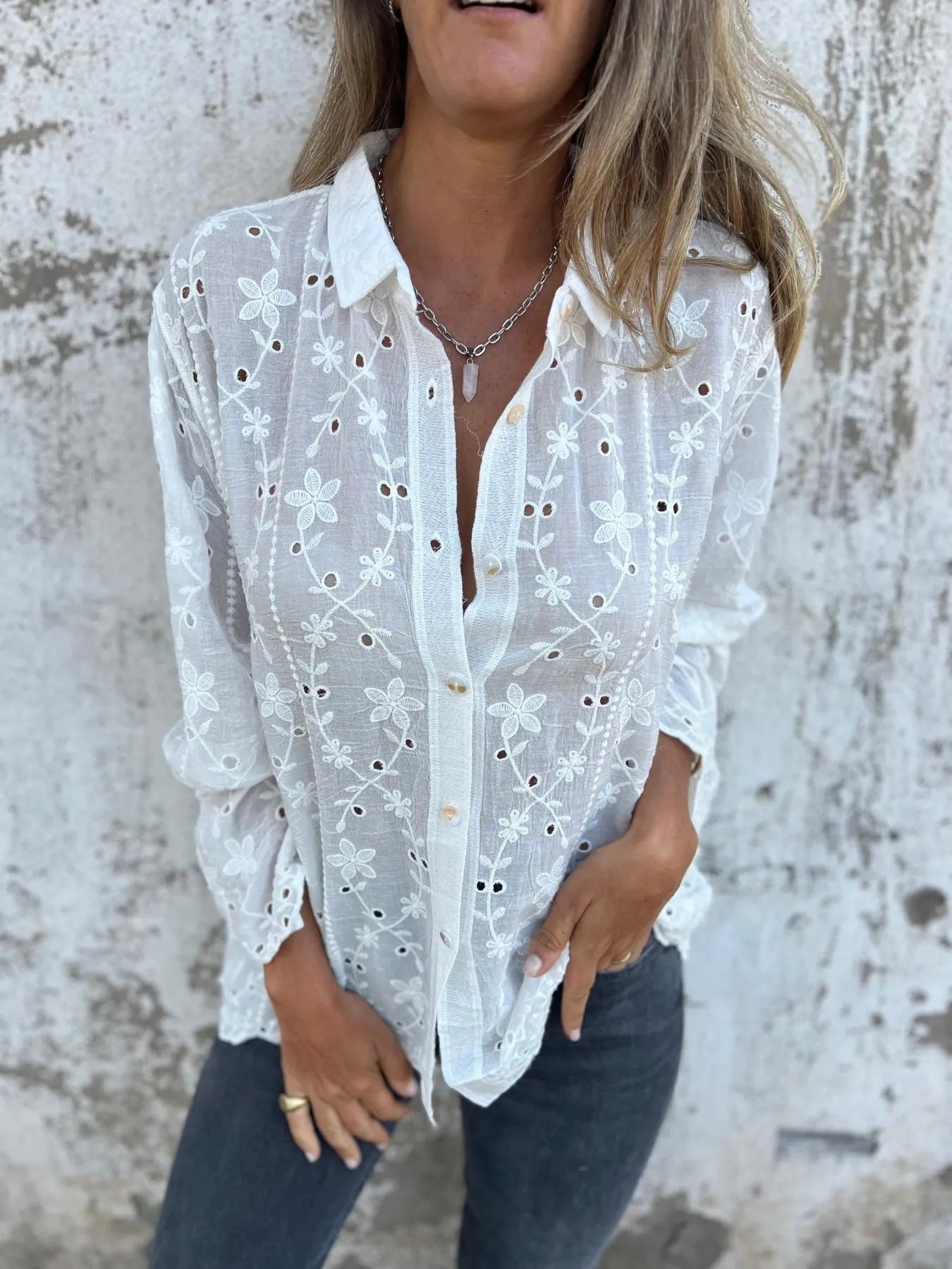Women's Embroidered Hollow-Out Casual Blouse